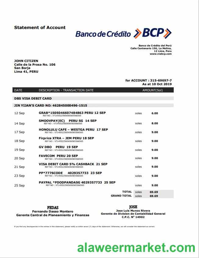 Peru Banco de Credito del Peru (BCP) bank statement